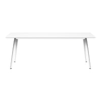 Sleek white table with minimalistic design and shiny silver legs, perfect for modern decor.