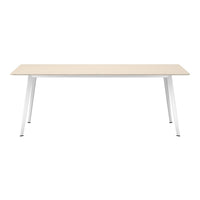 "Light wood grain tabletop with white metal legs for a modern, minimalist look."