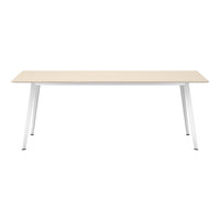 Light wood tabletop with a smooth finish, paired with sleek white metal legs for a modern aesthetic.