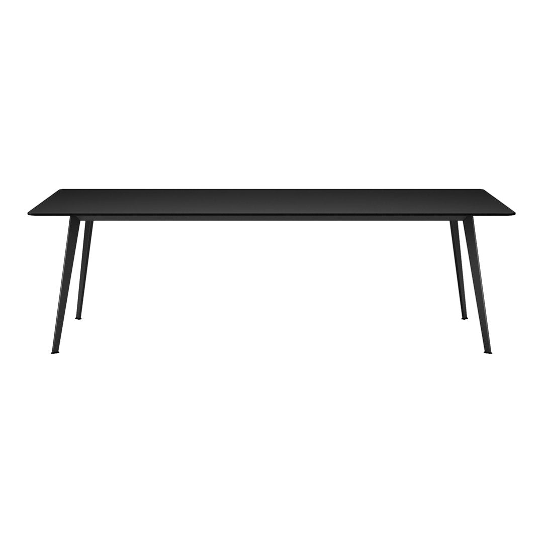 Sleek black rectangular table with minimalist design and slender metal legs. Modern and stylish for any space.