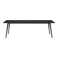 Sleek black rectangular table with minimalist design and slender metal legs. Modern and stylish for any space.