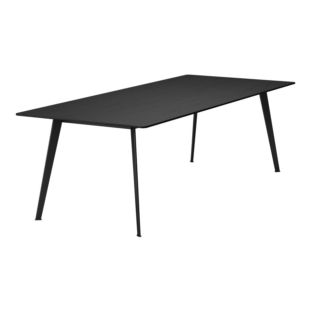 Black rectangular table with a sleek, matte finish and minimalist design, featuring sturdy black metal legs.