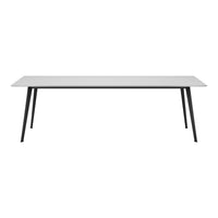 Rectangular table with a white surface and black legs on a white background