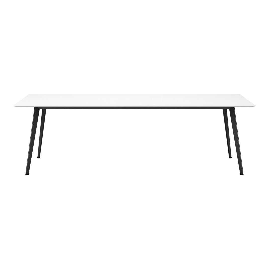 White tabletop with sleek black metal legs, featuring a minimalist and modern design for contemporary decor.