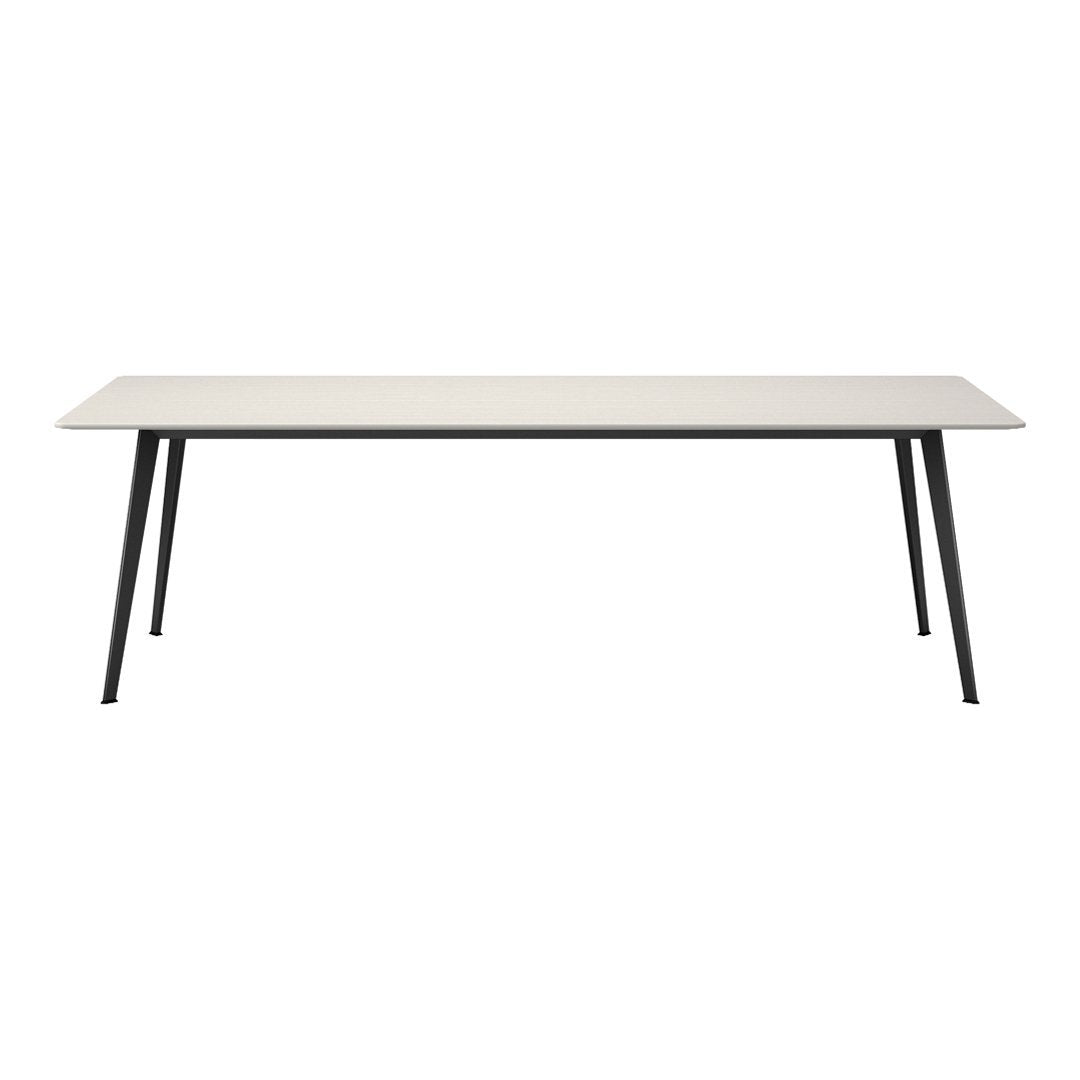 Minimalist white tabletop with sleek black metal legs in a modern design. Perfect for contemporary interiors.