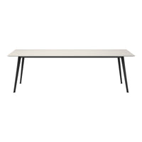 Minimalist white tabletop with sleek black metal legs in a modern design. Perfect for contemporary interiors.