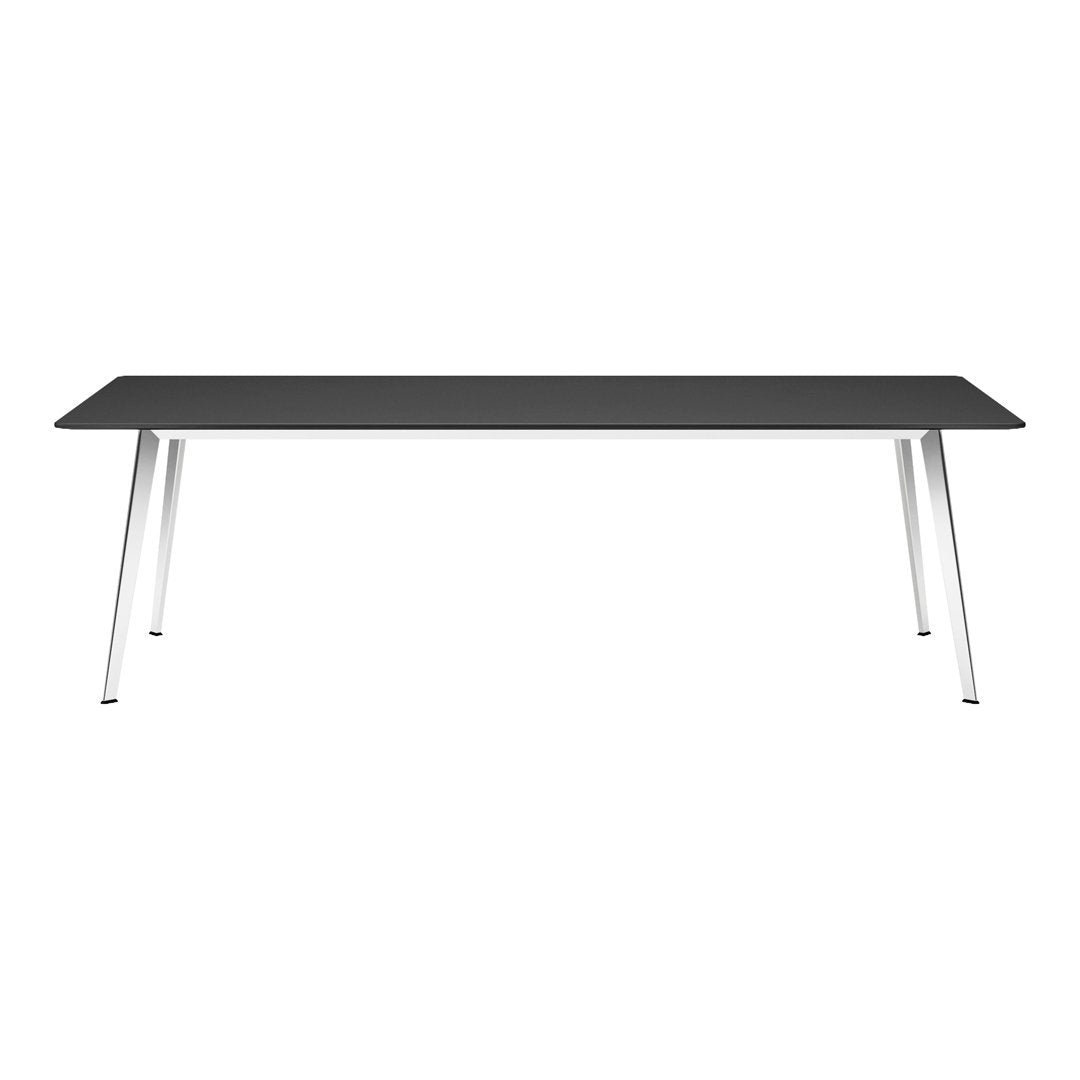 Sleek black tabletop with modern silver legs, perfect for a contemporary design aesthetic.