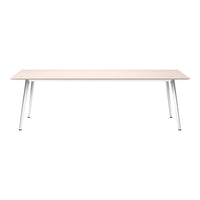 Light wood table with a smooth surface, featuring sleek silver legs for a modern, minimalist design.