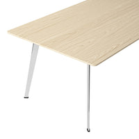 Light wood grain tabletop with smooth finish and chrome legs, offering a modern, minimalist aesthetic.