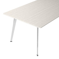 Light wood grain tabletop with sleek chrome legs, featuring a minimalist design and neutral color palette.