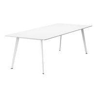 White rectangular dining table with sleek, minimalist design and subtle matte finish. Ideal for modern decor.
