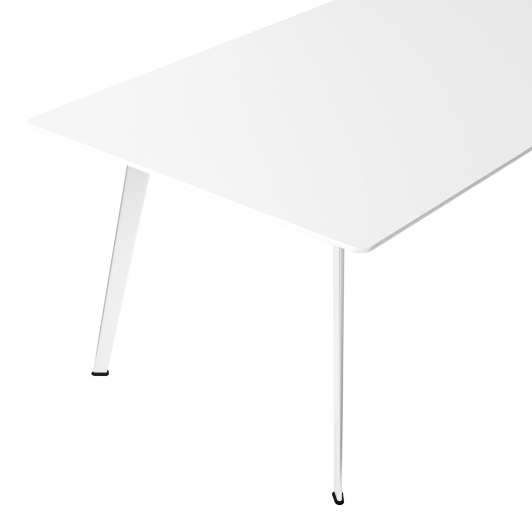 Sleek white table with minimalist design and black accents on the legs, perfect for modern decor.