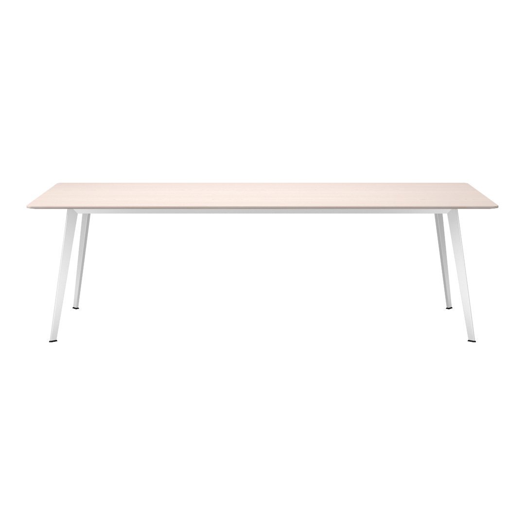 Light wood tabletop with a smooth finish, complemented by sleek white metal legs. Minimalist design and neutral tones.