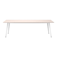 Light wood tabletop with a smooth finish, complemented by sleek white metal legs. Minimalist design and neutral tones.