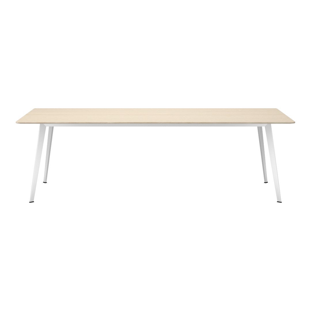 Light maple tabletop with sleek white metal legs, featuring a minimalist design and clean lines.