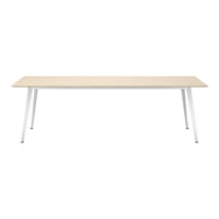 Light maple tabletop with sleek white metal legs, featuring a minimalist design and clean lines.