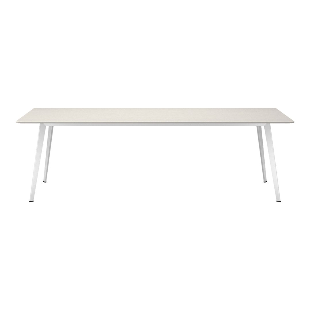 Light beige tabletop with a smooth texture, paired with stylish white metal legs for a modern look.