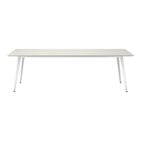 Light beige tabletop with a smooth texture, paired with stylish white metal legs for a modern look.