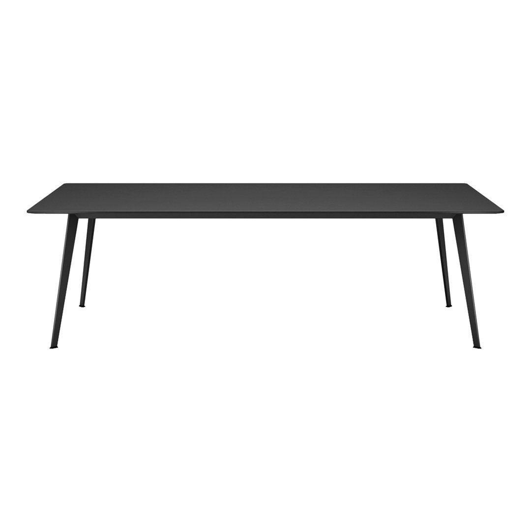 Sleek black rectangular table with minimalist design, featuring solid black legs and a smooth, matte finish.