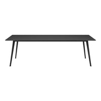 Sleek black rectangular table with minimalist design, featuring solid black legs and a smooth, matte finish.