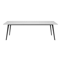 White rectangular table with sleek black legs, minimalist design, ideal for modern interiors.