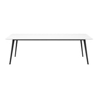 Modern white tabletop with sleek black legs, featuring a minimalist design for versatile home decor.