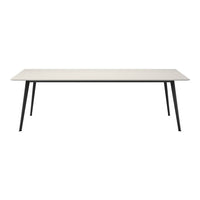 Light beige tabletop with a smooth finish and sleek black metal legs, perfect for modern decor.