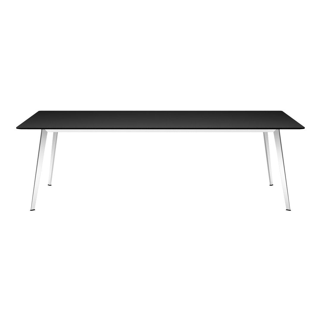 Sleek black tabletop with striking silver legs, offering a modern, minimalistic design perfect for any space.