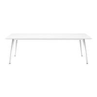 White modern table with sleek silver legs, featuring a minimalist design and no visible patterns. Perfect for any decor.