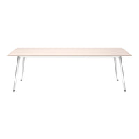 Light wood tabletop with a smooth finish and sleek white metal legs, showcasing a modern minimalist design.