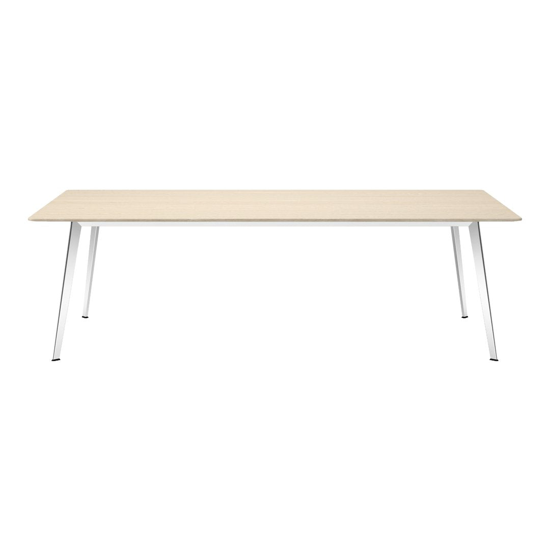 Light wood tabletop with smooth texture and sleek white metallic legs, perfect for modern spaces.