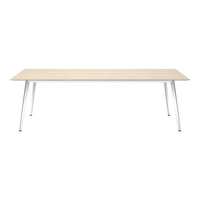 Light wood tabletop with smooth texture and sleek white metallic legs, perfect for modern spaces.