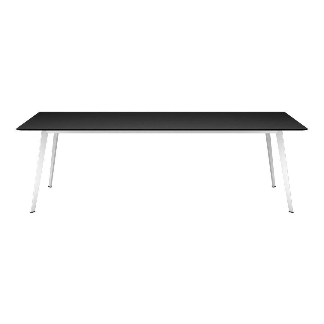 Sleek black tabletop with modern white legs, perfect for contemporary home or office decor.
