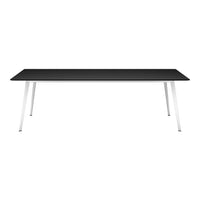 Sleek black tabletop with modern white legs, perfect for contemporary home or office decor.