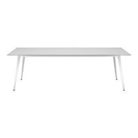 White rectangular table with sleek white legs, featuring a minimalist design and smooth surface pattern.