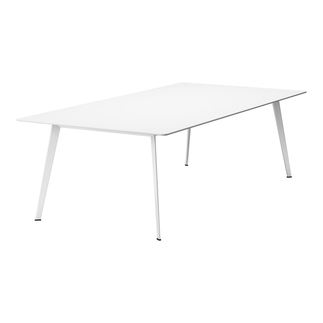 Sleek white rectangular table with smooth surface and minimalist design, featuring elegant white legs.
