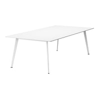 Sleek white rectangular table with smooth surface and minimalist design, featuring elegant white legs.