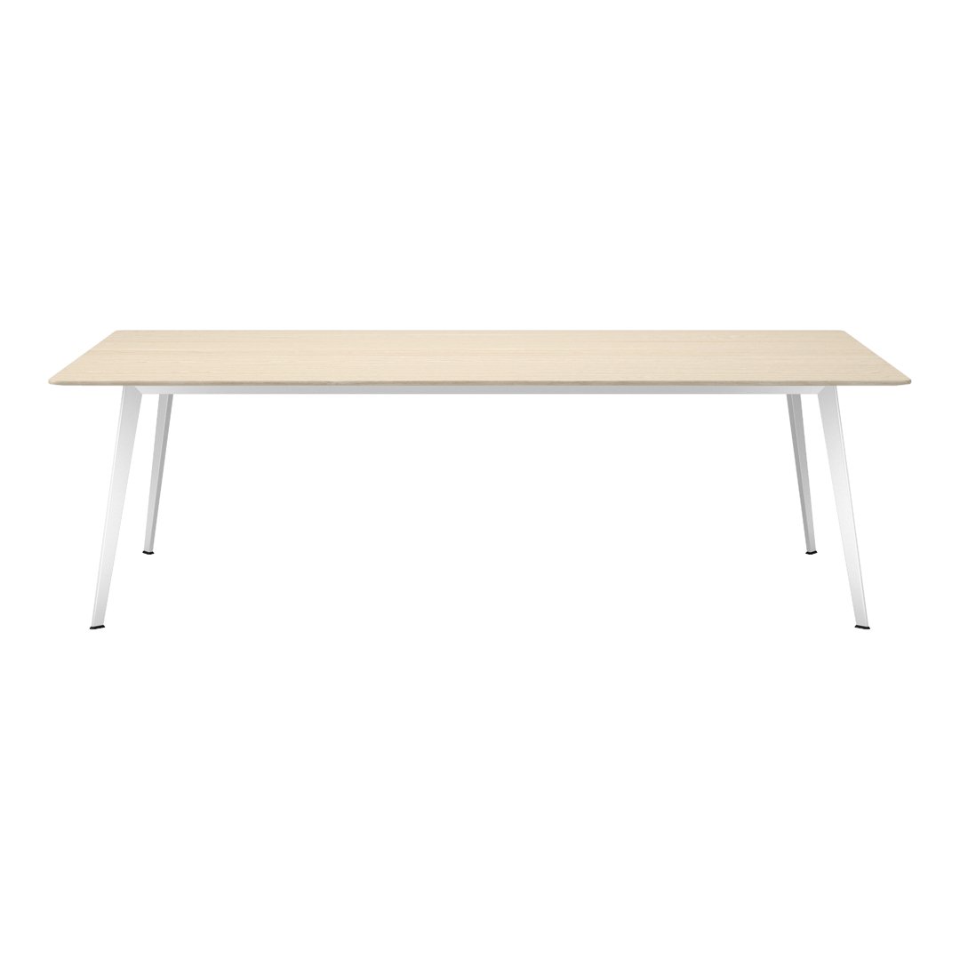 Light wood tabletop with a subtle grain pattern, complemented by sleek white metal legs. Modern and minimalist design.