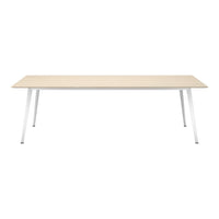 Light wood tabletop with a subtle grain pattern, complemented by sleek white metal legs. Modern and minimalist design.