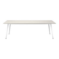 Minimalist white table with a sleek light gray top and modern white legs, perfect for contemporary spaces.