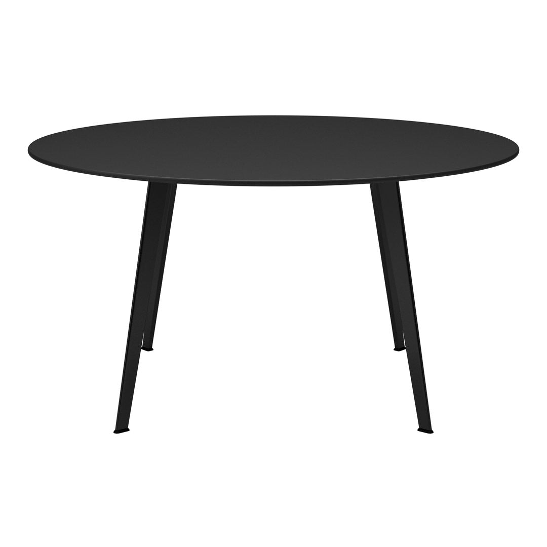 Round black dining table with a smooth surface and sleek black legs, perfect for modern decor.