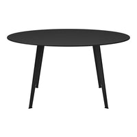 Round black dining table with a smooth surface and sleek black legs, perfect for modern decor.