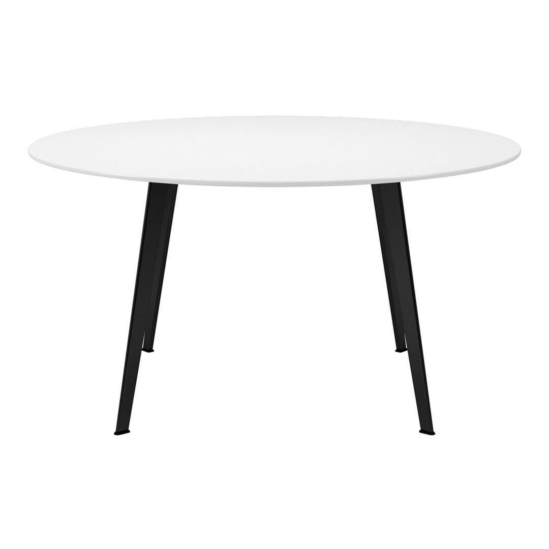 Round table featuring a sleek white surface atop black legs, combining modern simplicity and elegance.