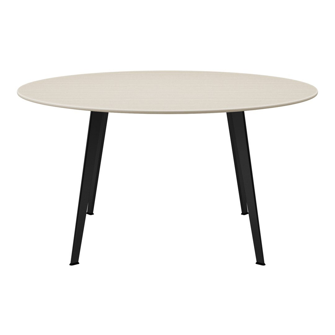 Round beige dining table with subtle wood grain pattern and sleek black metal legs. Perfect for modern interiors.