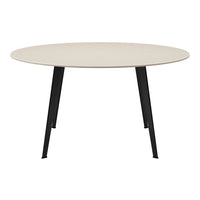 Round beige dining table with subtle wood grain pattern and sleek black metal legs. Perfect for modern interiors.