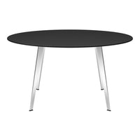 Black round table with sleek silver legs, offering a modern and minimalist design for any space.