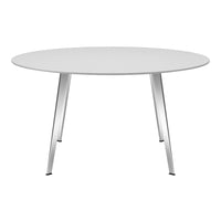 Round white table with sleek silver legs, featuring a minimalist design and smooth surface. Ideal for modern spaces.