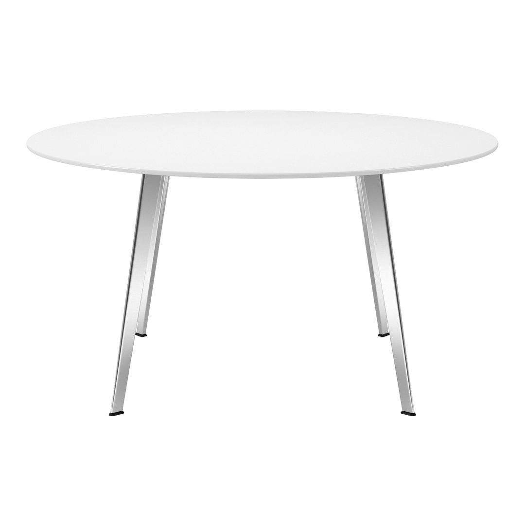 Round white table with sleek silver legs, featuring a minimalist design and modern aesthetic. Perfect for any space.