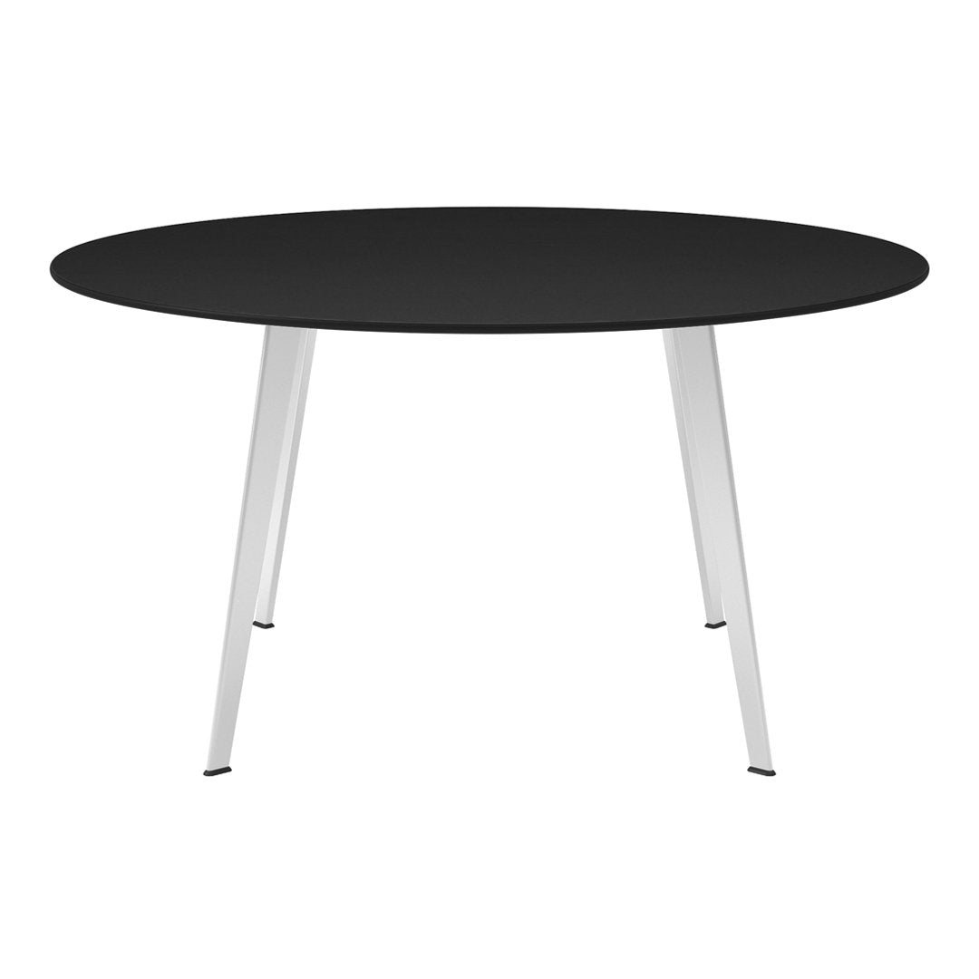 Round black table with sleek white metal legs, offering a modern and minimalist design. Perfect for contemporary spaces.