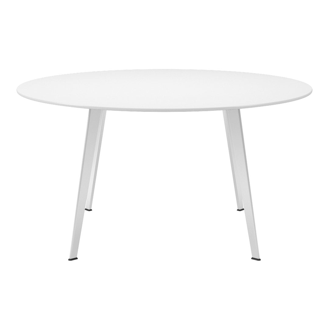 White round table with sleek, minimalist design and silver legs, enhancing contemporary decor with a clean look.